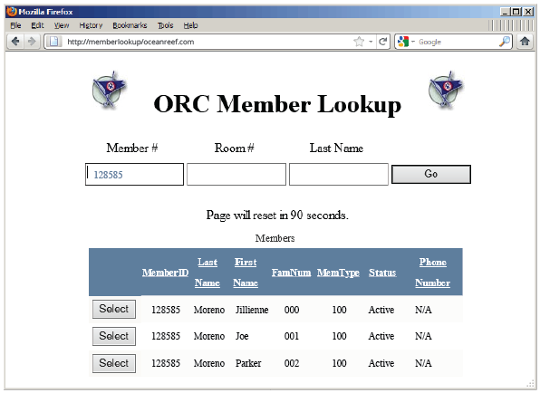 Example screenshot of previous Member Lookup screen used